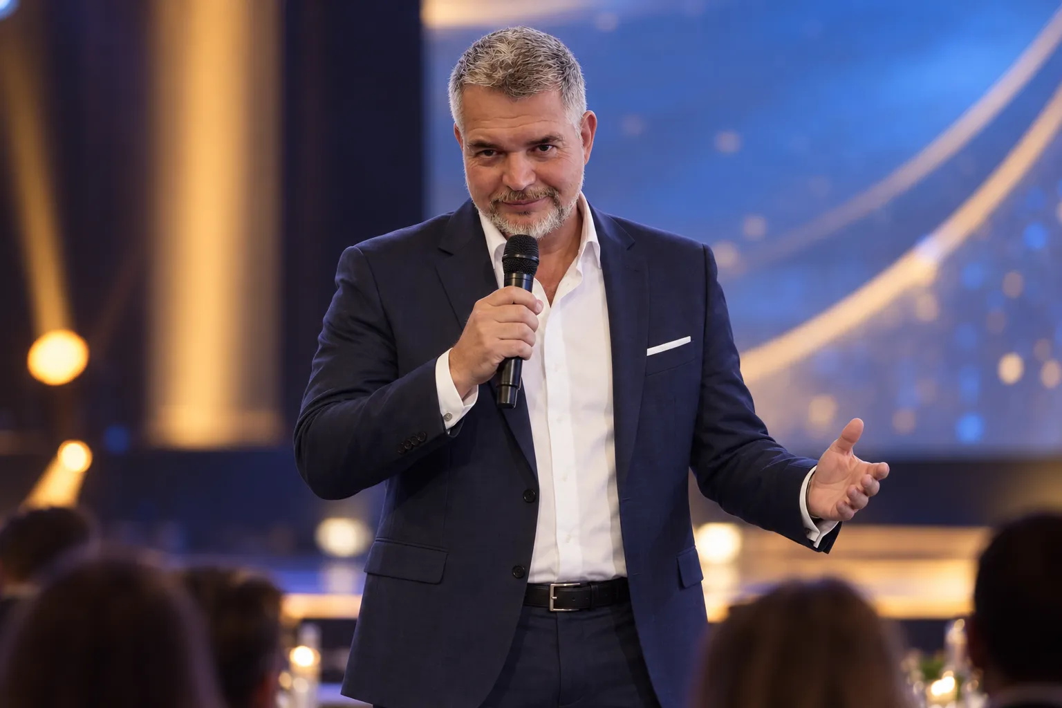 Tom Gryf s mikrofonem na pódiu galavečera, v popředí publikum u stolů