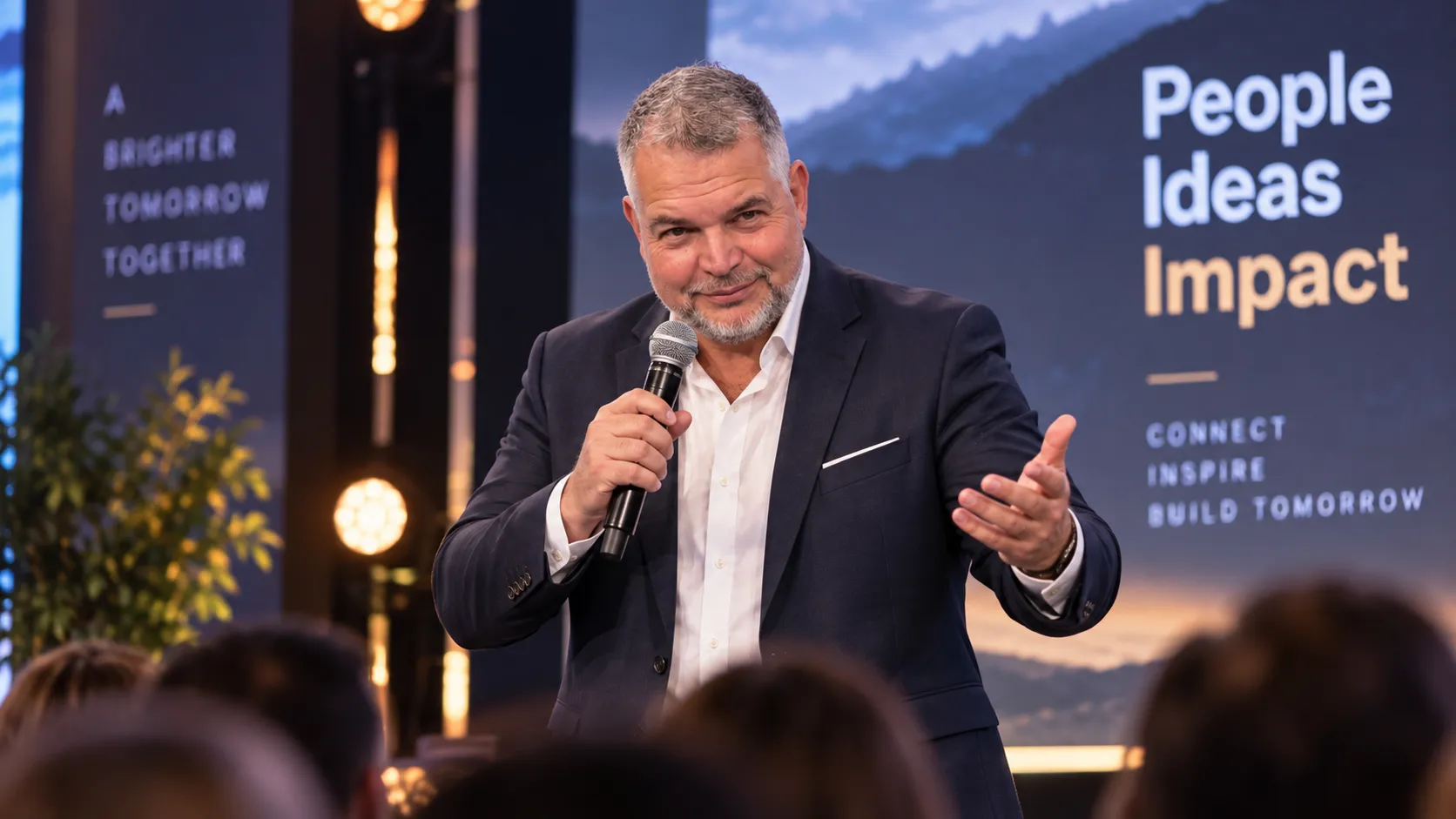 Tom Gryf s mikrofonem hovoří k publiku na firemní konferenci, v pozadí branding akce