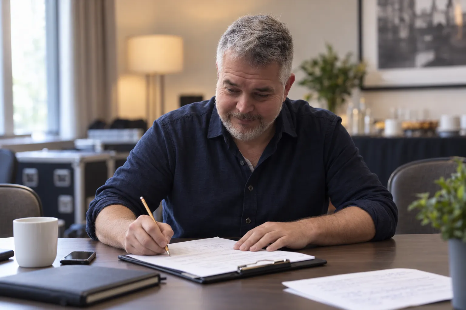 Tom Gryf si u stolu s kávou a poznámkami připravuje scénář před akcí